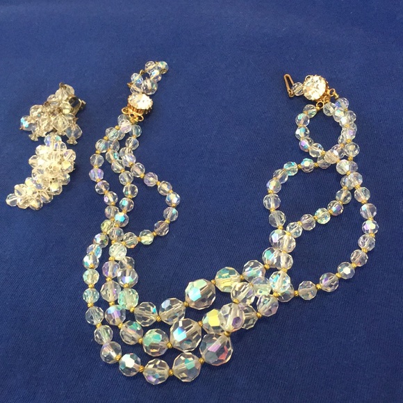 Jewelry - Antique Crystal 3-string Choker necklace-Earrings